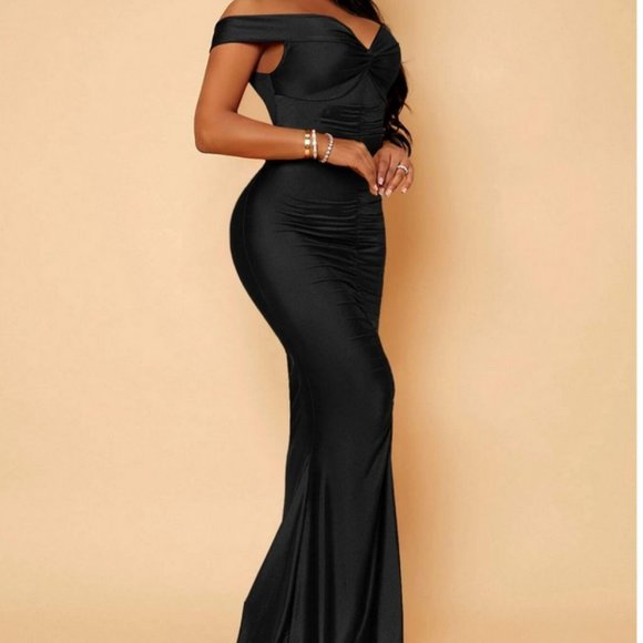 elegant black twist front runched off shoulder dress - Picture 3 of 5